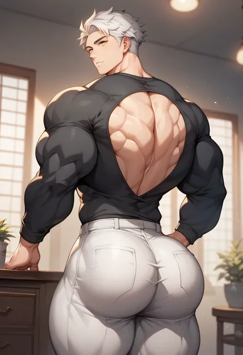 score_9, score_8_up, score_7_up, score_6_up, 1boy, solo, straight hair, short hair, White-silver hair, amber eyes, bodybuilder body, huge muscular, gigachad, black shirt, long sleeves, white pants, indoors, standing, looking at viewer, carefree expression,...