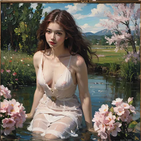 (oil painting:1.5), \\ a woman with (red long curtly hair ), ((green eyes)), in water, ain a field of pink flowers, (amy sol:0.248), nude , with dress, (stanley artgerm lau:0.106), (a detailed painting:0.353), (gothic art:0.106)
