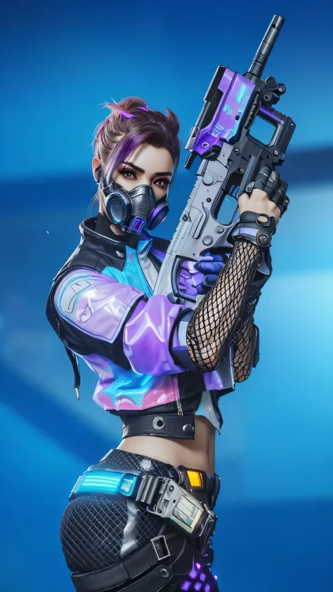 a close up of a person holding a gun and wearing a gas mask, cyber universe style, cyber style, in cyber punk 2077, cyberpunk style color, cyber punk setting, cyber aesthetic, cyberpunk style outfit, in style of apex legends, cyberpunk character, cyberpunk...