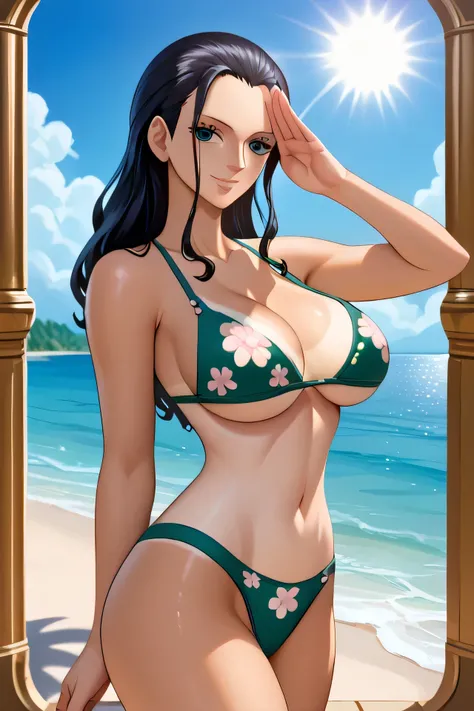 best quality, masterpiece, over  the  sea,1girl ,  ),Ultra High Definition, Unity 8k , perfect lighting, (perfect hands, perfect anatomy),
(( tanlines,dark-skinned :1.39)), Beautiful sunlight on the beach, One Piece character nico robin, long black hair, e...