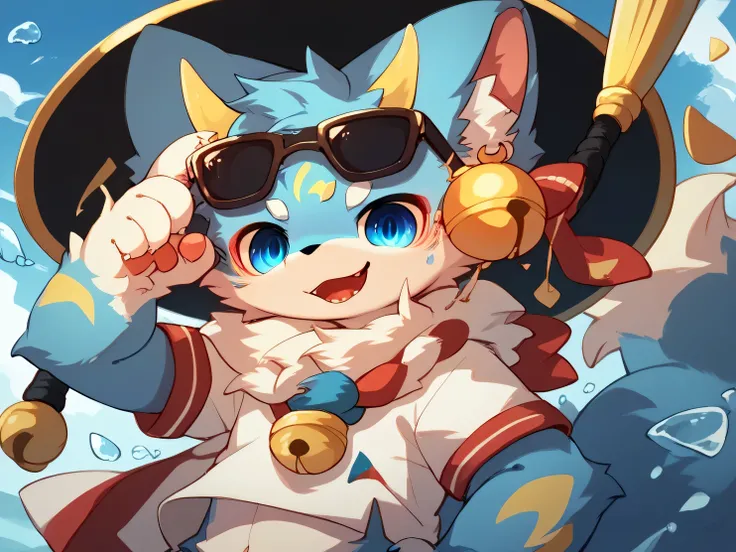 Furry,Kemono Furry,A little shouta wolf,Light blue from the top and then light pink at the edges,The fur on the front is gold and white, blue ears,the big tail is gold and white and slowly changes to sky blue