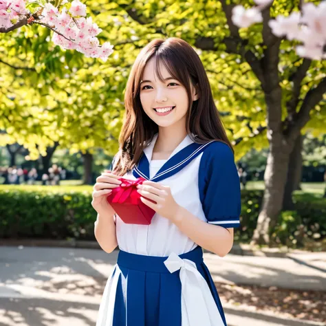 A breathtakingly beautiful 20-year-old woman stands in a lush park filled with cherry blossoms in full bloom beneath a clear blue sky. She wears a classic sailor uniform and gently holds a small, neatly wrapped gift box adorned with a red ribbon. Her radia...