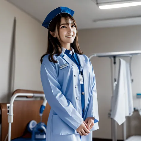 A breathtakingly beautiful 20-year-old woman stands in a warmly lit hospital room, dressed in a white mini-skirt nurse uniform with a matching cap. Her shy smile adds a touch of charm, while the surrounding medical equipment and furnishings create an authe...