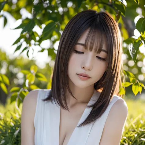 A breathtakingly beautiful 20-year-old woman stands in a lush green park at sunset, bathed in the warm golden light of the evening sun. Facing forward, her eyes gently closed, cheeks slightly flushed, and her face tilted upward as if anticipating a kiss, s...