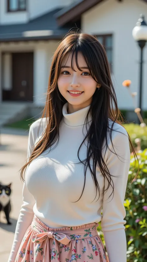 Sober Japanese woman  18yo  Holiday Ruffle turtleneck knit pullover and floral ribbon shirring skirt cord Standing at the entrance of a house Looking at the camera Smiling In the distance a cat is looking at me