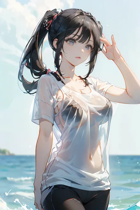 Optimal，masterpiece，  alone，（ upper body），  cute face，， (( black hair;1.5))、 ((twintails))、Hairline， eyelashes are long in the water，white skin，((Shoot from the front:1.5)),  (( wearing a fitted t-shirt:1.5)), ((Yoga Pants)), (see-through nipples), rocket ...