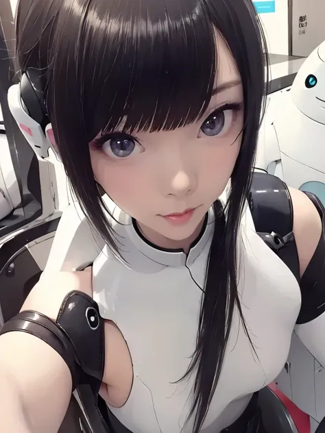 One was wearing a white tights、close-up of a woman wearing a cat head, Perfect Android Girl , beautiful Female Android !, biblical Female Android , broken beautiful Female Android !, humanoid robot body , Anime Characters; Full body art, Porcelain Robot, ...
