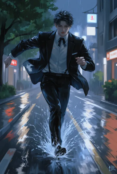 (((a man running at high speed))),23yo,tuxedo,
(oil painting),(blurred background),(best quality,anime),
lively movement, motion blur effect, intense speed, 
sense of freedom, joyful spirit.
rainy,in rain,running,at night,