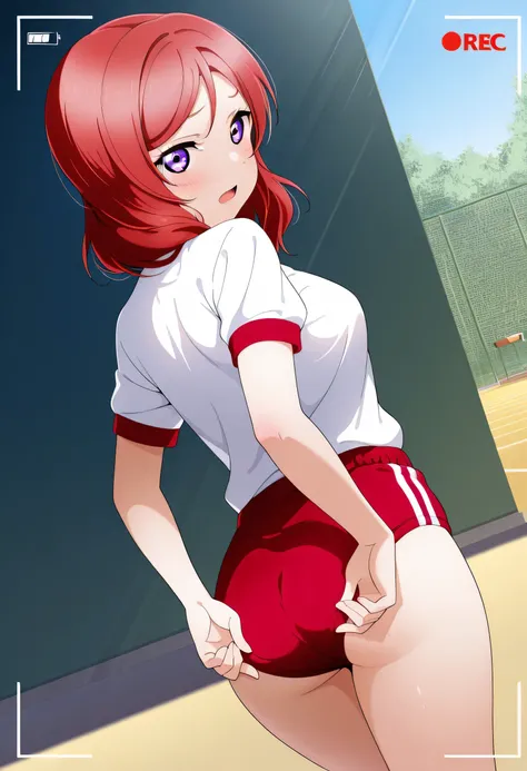 masterpiece, best quality, 1girl, solo, lovelive_maki,white shirt,red buruma, breasts, red hair, medium hair, purple eyes,embarrassing,looking at viewer, open mouth,(back),standing,((adjusting buruma)),(school yard),(duch angle ),((recording)),