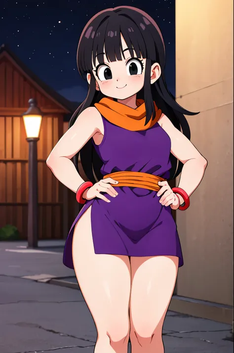 masterpiece, best quality, highres, dragon ball, single, loose hair, Franja Reta, sidelocks,   black eyes ,  toys, orange scarf, orange cachecol, purple dress, sleeveless, bracelet,  hand on hip,  outdoor, two, thick things, showing legs,  sexy smile, nigh...