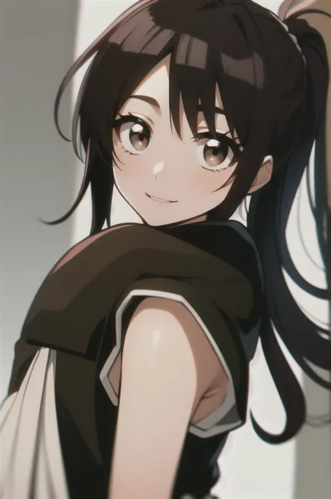 Masterpiece,  best quality ,
 from the side 1 girl ,  romantic love,  black hair, ponytail, Van Cover,  brown eyes, kimono, Black Hakama, black kimono ,I'm wearing a white sleeveless coat
smiling, Alone,  is looking,  simple background,  white background  ...