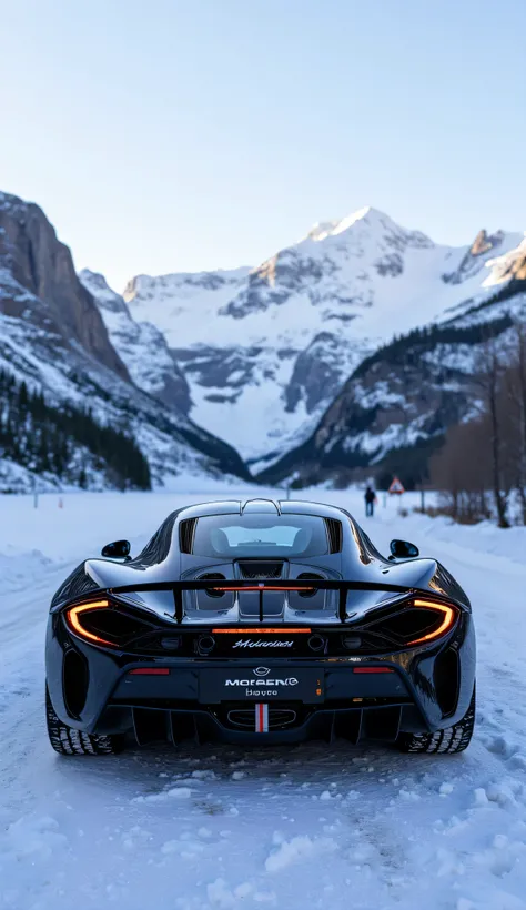 A black McLaren in the mountains but the car can be seen from behind with the lights on , and camera angle a little far away for mountain view the weather is winter , Everything is covered with snow , 
for laptop screen ,image resolution 1920×1080 in horiz...