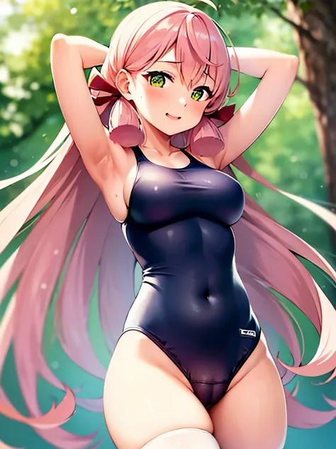 masterpiece, BREAK akashi_kantaicollection, pink_hair, long_hair, hair_ribbon, ribbon, green_eyes, tress_ribbon, blush, breasts, smile, open_mouth, large_breasts, BREAK (high leg school swimsuit:1.4), BREAK (Attractive armpits:1.2), BREAK (cameltoe:1.4), B...