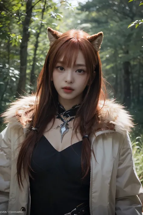 araffe with red hair and a furry tail in the woods, a digital painting by Daarken, cgsociety contest winner, furry art, very very beautiful furry art, dramatic cinematic detailed fur, furry fantasy art, loish and wlop, anthro art, furry wolf, pov furry art...