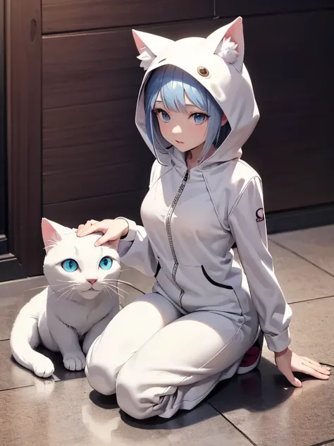 Alafide woman in a white cat suit kneels on the ground, Anime Characters; Full body art, White Cat Girl , full-role play, Nifepitou,