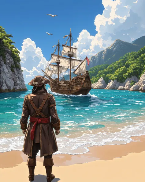 "A lone pirate, dressed in detailed leather armor with a red sash, stands on a golden sandy shore, gazing at a majestic wooden pirate ship sailing over turquoise waters. The scene is bathed in bright sunlight, with fluffy white clouds in a deep blue sky. S...