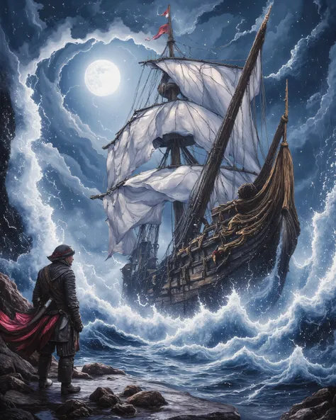A lone pirate, clad in rugged leather armor with a tattered red sash, stands on a rocky shore, staring at a massive wooden pirate ship battling the raging sea. Towering waves crash against the ship as a violent storm rages, with lightning illuminating the ...