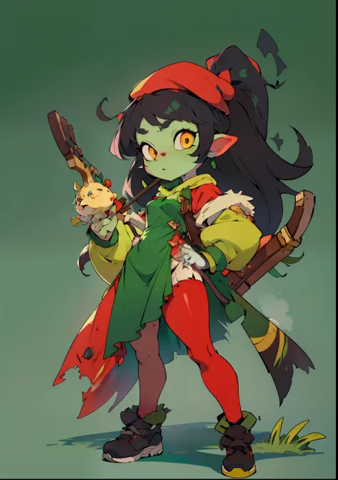 masterpiece, best quality, absurdres, 1 girl, long black hair, green fur, yordle, full body, uses a little crossbow, wear a dress, red beret, ripped fabric, dynamic pose, yellow eyes, thick, green face, green skin, green legs, loves tea and sweets