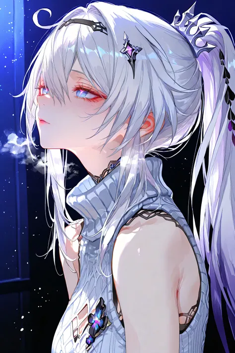 score_9, score_8_up, score_7_up, masterpiece, best quality, very aesthetic, absurdres, tunning image, light particles, attractive image, 1girl, adult grown woman, kiana kaslana \(honkai impact 3rd\), herrscher of finality, white hair, ahego, high ponytail,...