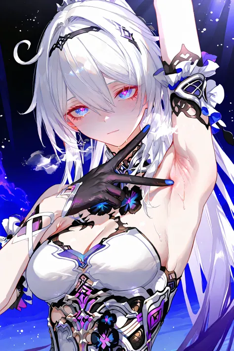 score_9, score_8_up, score_7_up, masterpiece, best quality, very aesthetic, absurdres, tunning image, light particles, attractive image, 1girl, adult grown woman, kiana kaslana \(honkai impact 3rd\), herrscher of finality, white hair, ahego, high ponytail,...
