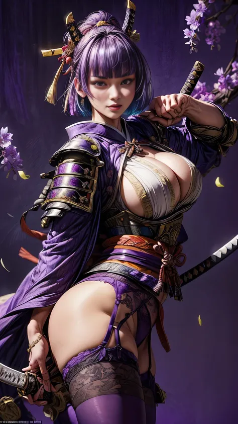 young woman,Oiran,warrior,(wielding a huge_weapon:1.3), very detailedな, realist,(seductive smile),(from front:1.3),(battle pose:1.8), Brilliant Appearance ,extremely detailed, Imaginative,sensual ,top quality,  skin texture,(blunt bangs hair:1.6),(smoky pu...