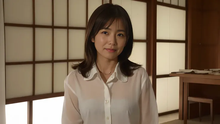 nsfw, high definition, high quality, Japanese woman, Age 32、alone,  Light brown straight hair that reaches your shoulders, (((screen)  she's in the center of the room 、 and only her face is directed at you ))), smile, white collared shirt, black miniskirt,...