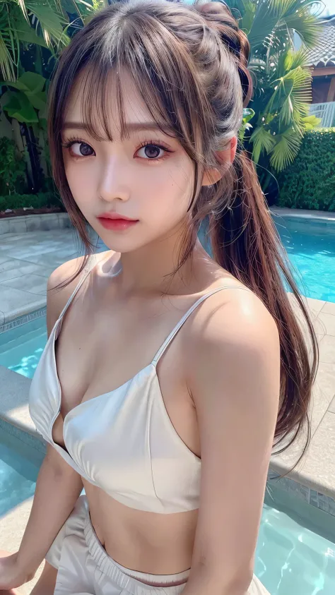 wearing black bikini,resort poolside,Body in front,Ultra-detailed, finely detail, hight resolution, 8K Wallpaper, Perfect dynamic composition, Beautiful detailed eyes,,Close-up of face,,Blushing,Facing forward,Long hair ponytail,((8K, Original photo, Best ...