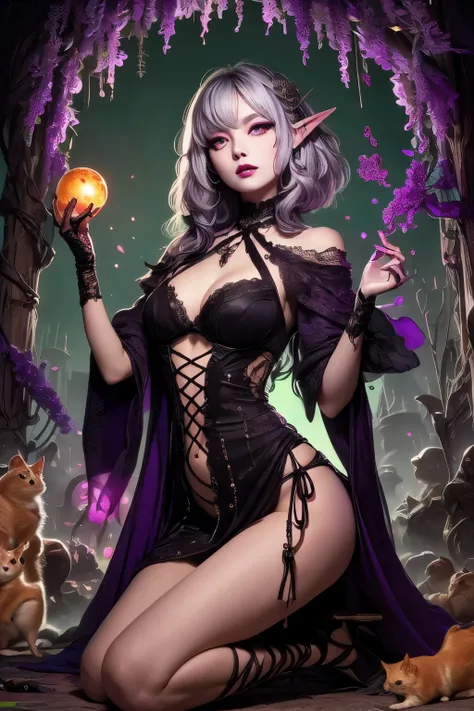 (Ultra-detailed face, Looking away, Fantasy Illustration with Gothic, Ukiyo-e. A young dark elf female sorceress faces a group of hamsters that have been herded into a heap on the floor and holds out her hands to them.),BREAK(She brings her hands together ...