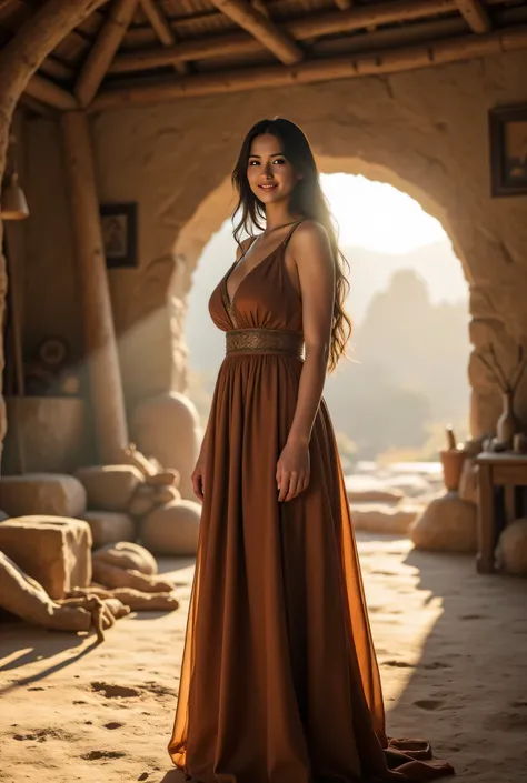 Create a visual representation of a scene set during in ancient primordial during the Stone Age. Imagine a camera panoramic wide angle view showcasing tracking shot the lively inside prehistoric hut tribe house scenery and the grandeur of the serene inside...