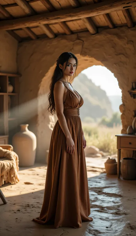 Create a visual representation of a scene set during in ancient primordial during the Stone Age. Imagine a camera panoramic wide angle view showcasing tracking shot the lively inside prehistoric hut tribe house scenery and the grandeur of the serene inside...