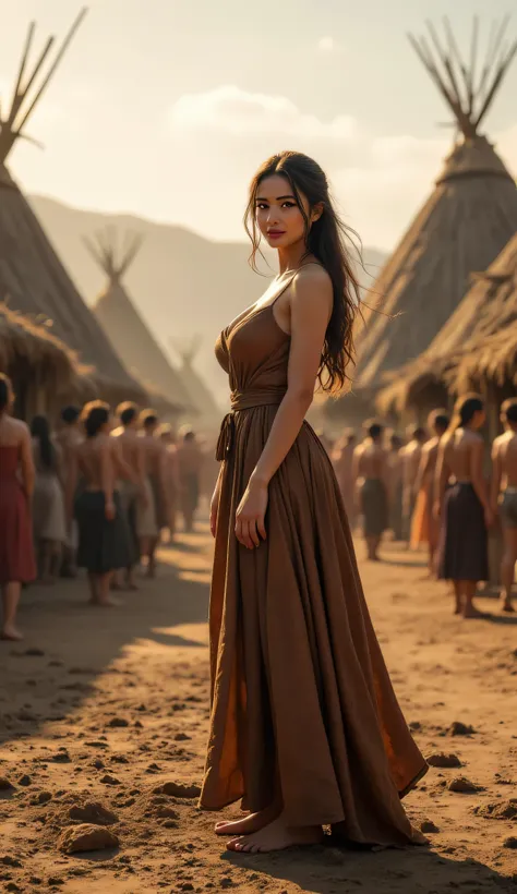Create a visual representation of a scene set during in ancient primordial during the Stone Age. Imagine a camera panoramic wide angle view showcasing tracking shot the lively crowd prehistoric hut tribe house scenery and the grandeur of the serene hut set...