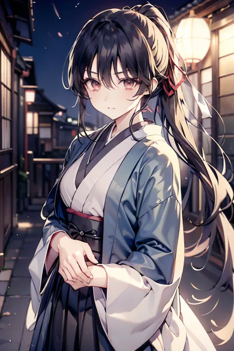 glare、anger、Murderous intent、opened her eyes wide、Moist eyes、bangs、long black hair、low ponytail、 sharp eyes、slacks、Shinsengumi costume、Shinsengumi costume 、pale blue-green Haori、katana、Colorful、Japanese modern、night、is completely dark、night、nightの森の中、high ...