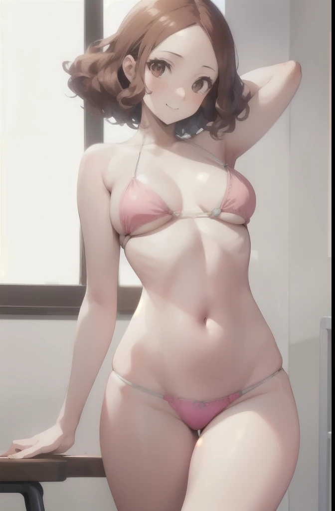 haruokumura, haru okumura, (brown eyes:1.5), brown hair, pink bikini , smiling, full body, cute, blushing ,Belly exposed 
BREAK looking at viewer
, classroom,
BREAK (masterpiece:1.2), best quality, high resolution, unity 8k wallpaper, (illustration:0.8), (...