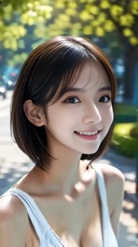 8k resolution, attention to detail, detailed hairstyle, detailed faces,  movie light,  on the college campus 、happy crying face, Beautiful Tears、Cute crying face、is crying、front, Attractive Woman,  wearing jeans 。walk, building, tree々,  clear sky, Warm Lig...