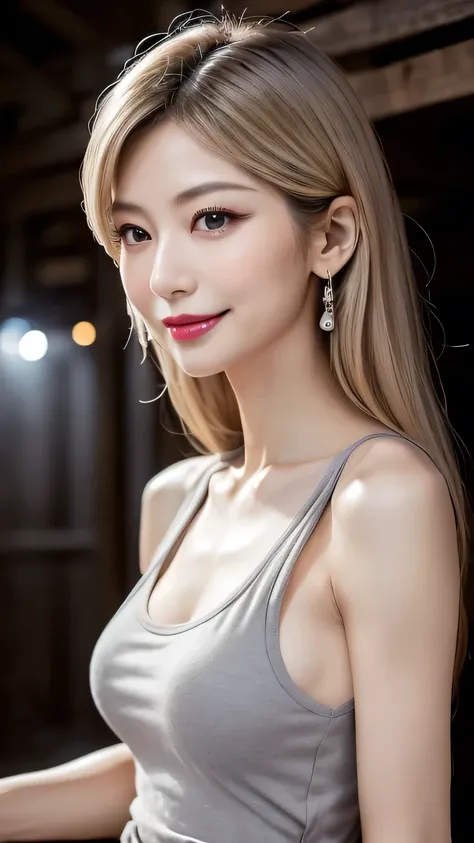 very detailed, masterpiece , top quality , (( photorealistic:1.4)), ((skinny body:1.5、 long face:1.2))、(((Simple Light Grey Tank Top、skinny fit)))、(Super slim body)、55 year old japanese elderly woman , detailed faces , Detailed Eyes 、((makeup、lipstic...
