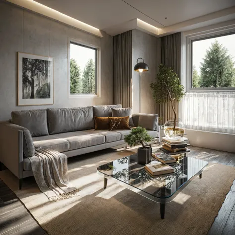Raw photo,Masterpiece, high quality, best quality, authentic, super detail,
interior, indoors, livingroom style modern, sofa, tea table, glass windown, curtain, gray wooden floor, tree, decor, book on table, sunlight,
, (daylight:1.1), vivid colour, (rea...