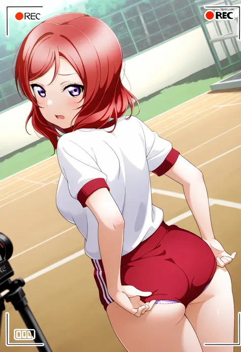 masterpiece, best quality, 1girl, solo, lovelive_maki,white shirt,red buruma, breasts, red hair, medium hair, purple eyes,embarrassing,looking at viewer, open mouth,(back),standing,((adjusting buruma)),panty peek,(school yard),(duch angle ),((recording)),