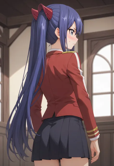 An image of blushing Wendy Marvell, flat-breasted , wearing a red suit and a black foldable skirt,  She's standing in a room., back view 