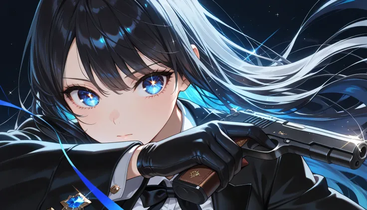 ((masterpiece, best quality, amazing quality, very aesthetic, newest, realism, hyper-detailed, beautiful, cinematic)) 1girl, medium breasts, solo, dark blue background, long black hair, Black Tuxedo, Black Long Pants, Black Gloves, look away, holding a Pis...
