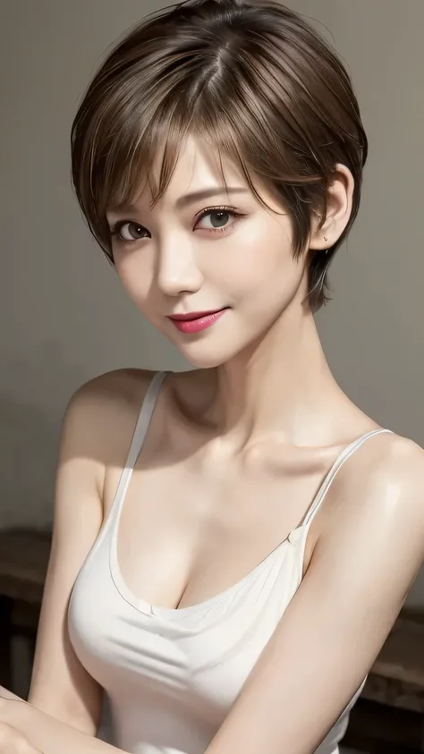 very detailed, masterpiece , top quality , (( photorealistic:1.4)), ((skinny body:1.5、 long face:1.2))、(((Simple white tank top、skinny fit)))、(Super slim body)、55 year old japanese elderly woman , detailed faces , Detailed Eyes 、((makeup、lipstick)) 、...