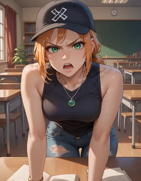 adult, female, young, beautiful, beige skin, light orange hair, short hair, lush hair, low ponytail on shoulder, two curls falls on face, bright green eyes, tall, curvy thighs, curvy hips, thin waists, middle breasts, big ass, skinny, detailed eyes, detail...