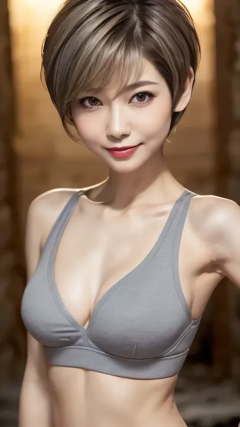  very detailed,  masterpiece ,  top quality , (( photorealistic:1.4)), ((skinny body:1.5、 long face:1.2))、(((simple grey sports bra、skinny fit)))、(Super slim body)、55 year old japanese elderly woman , detailed faces ,   Detailed Eyes  、((makeup、lipstick)) ...