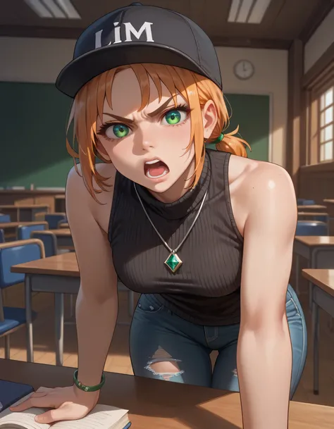adult, female, young, beautiful, beige skin, light orange hair, short hair, lush hair, low ponytail on shoulder, two curls falls on face, bright green eyes, tall, curvy thighs, curvy hips, thin waists, middle breasts, big ass, skinny, detailed eyes, detail...