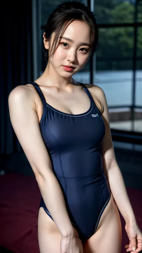 (   school swimsuit, Navy blue tight swimsuit,   Normal dark blue one-piece swimsuit , cowboy shot,     Details of water,    big breasts:1.6), ((   petite woman   , Voluptuous women,    without makeup, soft smiling face)), (((   small eyes   , length, Narr...