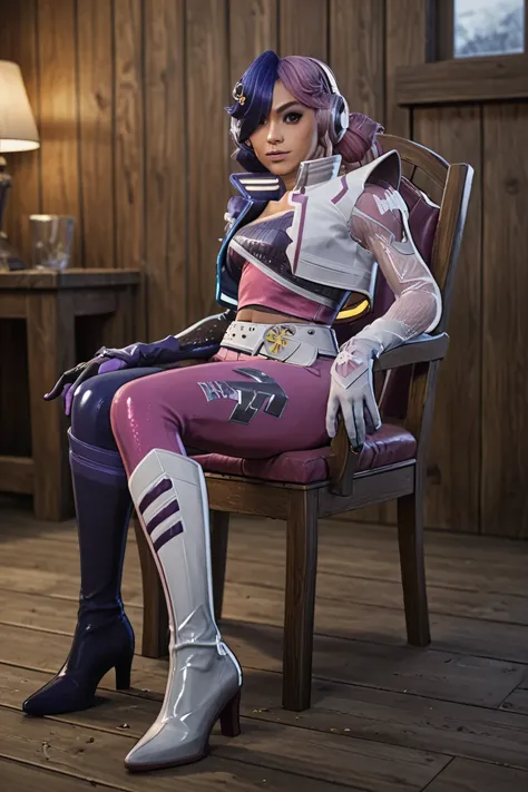 (Masterpiece), (expressive eyes), 1girl,, medium shot, cleavage, large breast, log cabin, chair, sitting down, full body, fca_style.,lun4m2099, 1girl, solo, gloves, purple hair, multicolored hair, belt, jacket, pink hair, long hair, headphones, blue hair, ...