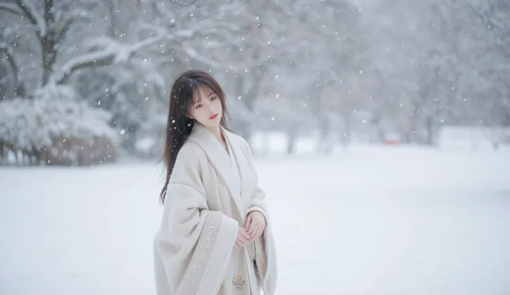 Japanese woman wearing a coat in the snow
