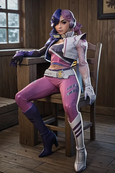 (Masterpiece), (expressive eyes), 1girl,, medium shot, cleavage, large breast, log cabin, chair, sitting down, full body, fca_style.,lun4m2099, 1girl, solo, gloves, purple hair, multicolored hair, belt, jacket, pink hair, long hair, headphones, blue hair, ...