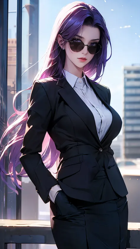 Top Quality,Masterpieces,High Definition, only ,{Black business suit:1.40},{tied:1.20},{sunglasses:1.25},{ white gloves:1.15},{ white shirt:1.10}, { black skirt:1.15},  casting, { jellyfish _Go away:1.15}, length_hair,  purple_hair, a lot_length_hair,  pur...