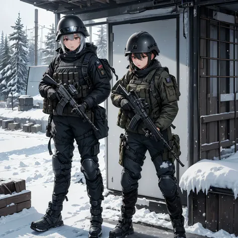 Two female soldiers in thick silver and black coats、Wear a helmet、Military Pants、Knee pads、Winter gloves  ，Tactical shoulder strap、Magazine Pouch、Guard with gun、Snowy winter ，  write details、  masterpiece、  High Quality  、High precision CG  、  8K Picture Q...