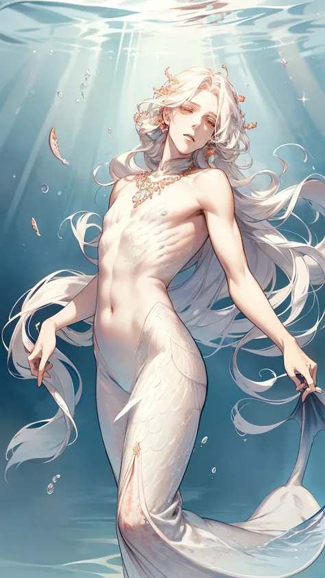 A male mermaid, slender, beautiful, gentle, long and curly white hair, big round ruby ​​eyes,, beautiful and sparkling ivory white fish tail, beautiful, sparkling fish scales,soft tail fin.shell and coral hair jewelry.Action: Swimming among schools of smal...